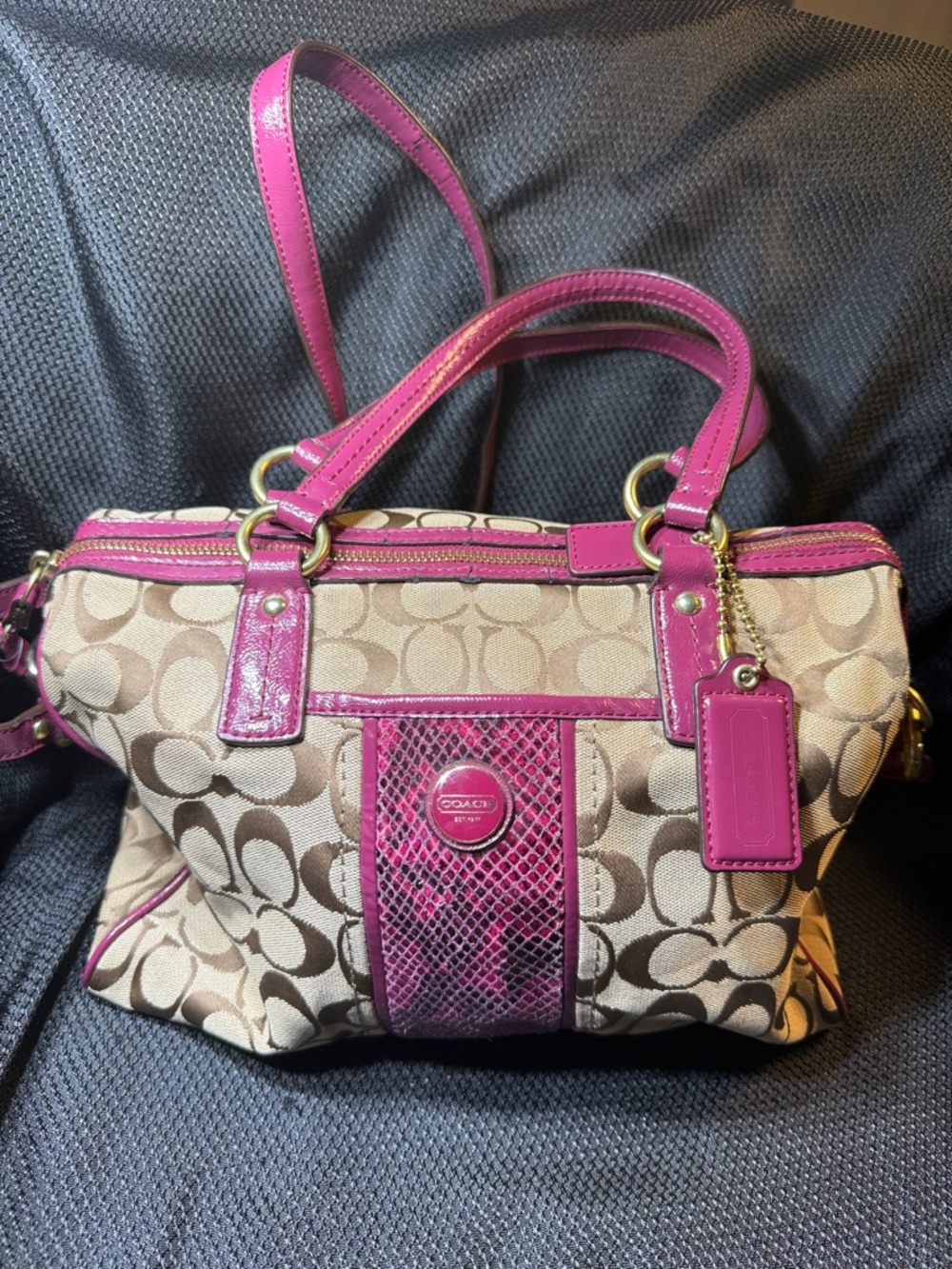 Coach  Signature Stripe Python Snake Zip Satchel in khaki and uh raspberry bag